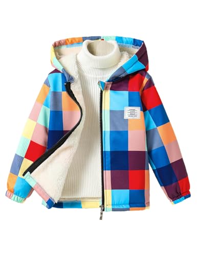 Toddler Little Girls Plaid Lined Fleece Jacket with Hood Winter Thick Warm Zip-up Outerwear