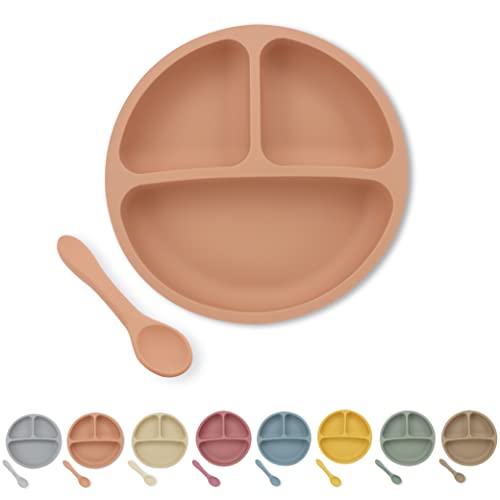 Image of RQ Brothers Suction Plates for Baby - First Meal Silicone Baby Feeding Set with Spoon Baby Plates with Suction BPA Free Silicone Plates for Baby Divided Design Baby Plates (Light Orange)