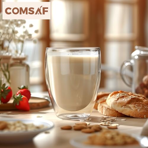 Image of ComSaf Glass Coffee Mugs [Set of 6, 360ml], Double Wall Insulated Thermal Cups 12oz, Clear Glass Coffee Cup for Tea /Juice /Milk, Latte Cappuccino Espresso Mug Glassware Gift for Christmas Birthday