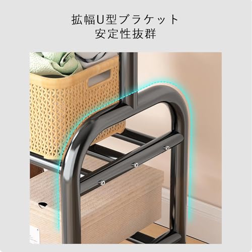 ハンガーラック 多機能収納 おしゃれ 洋服ラック 頑丈 防サビ 洋服掛け 衣類収納 キャスター付き スリム 耐荷重60KG 室内干し パイプハンガー 両側のフック付き 棚付き スチール製 (ブラック) [5]