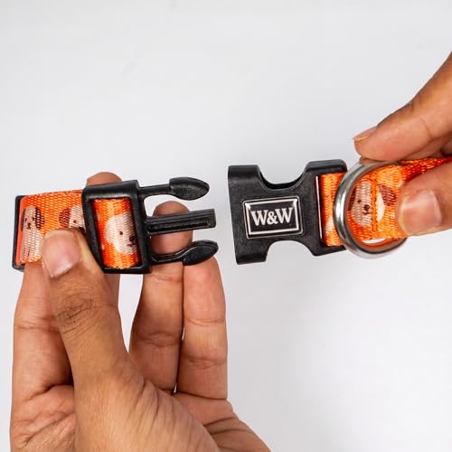 Image of Wag and Wilder Heavy Duty Adjustable Dog Collar for Medium Dogs - Quick Release Buckle & Metal D-Ring (Puppy Parade Orange)