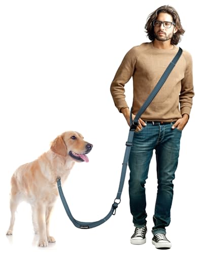 Harnais de Marche Main Libre pour Chien - Laisse Multifonctionnelle Renforcée 2.9m Réglable, Boucle de Sécurité Voiture - pour Chiens Moyens et Grands - Randonnée, Jogging (Bleu Marine 1.8-2.9m)