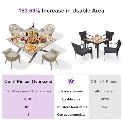 Image of PURPLE LEAF 5 Pieces Oversized Square Patio Dining Set with Outdoor Aluminium Dining Table and Woven Chairs Modern Metal Furniture Cushions Sets for Garden Yard Indoor Decor Kitchen Champagne
