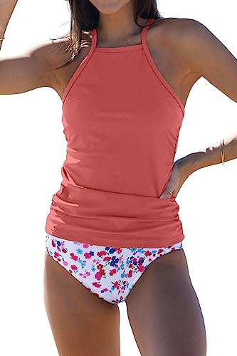 Beachsissi Womens Tankini Ruched Design Tummy Control Bathing Suits, Coral, XL