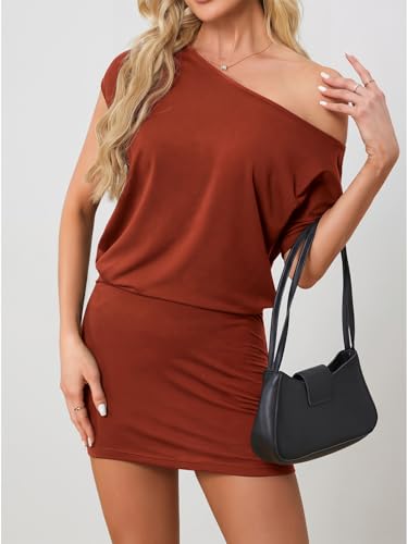Image of SOLY HUX Women's Off The Shoulder Mini Dress Going Out Asymmetrical Neck Short Sleeve Casual Bodycon T Shirt Dresses