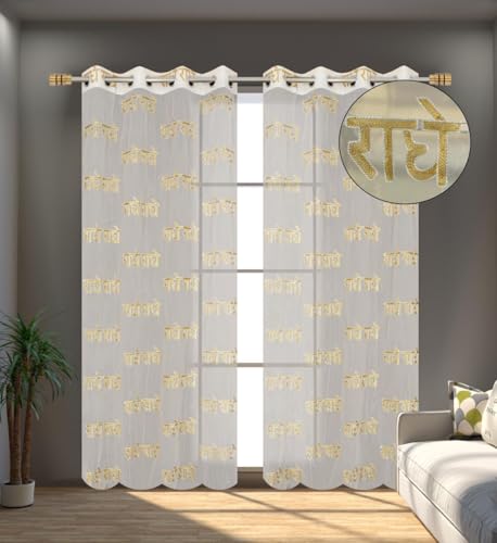 Image of KALIYO Sheer Net Curtains with Shri Radhe Radhe Embroidery | Transparent Window Curtain for Living Room, Bedroom & Pooja Room | Ring Eyelet Curtain Panel | 1 Curtain | 9ft