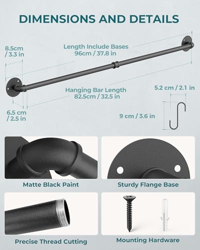 OROPY Wall Mount Pot Pan Bar Rack, 97cm Metal Industrial Style Hanging Rail Kitchen Utensils Hanger Organiser with 14 Hooks, Black