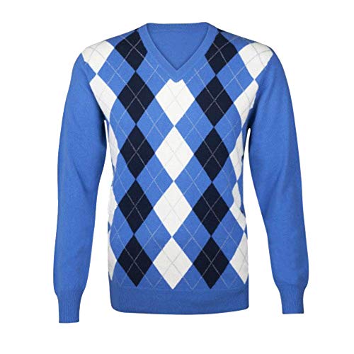 Lona Scott Men's Pure Cashmere Argyle V Neck Sweater Electric Blue M