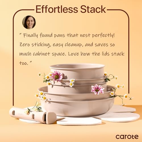 CAROTE 17pcs Pots and Pans Set, Ceramic Cookware Set Detachable Handle, Induction Nonstick Kitchen Sets with Removable Non Stick RV Oven Safe Taupe,(C07787) - Image 6