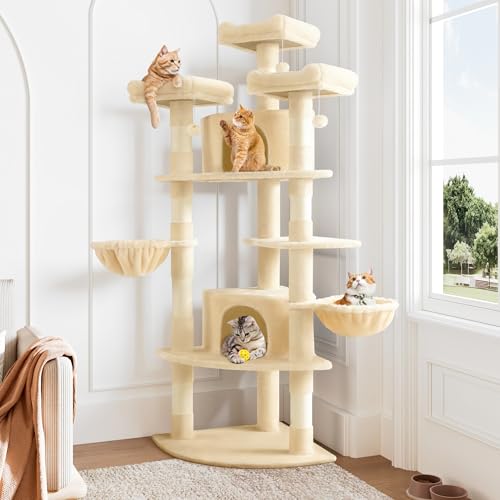 Image of Allewie 73in Fan-Shaped Space-Saving Corner Cat Tower /Multi-Level Tall Cat Tree for Indoor Kitties /Cozy Baskets /Condos /House /Perches /Sisal Scratching Posts /Pet Activity Center /Beige