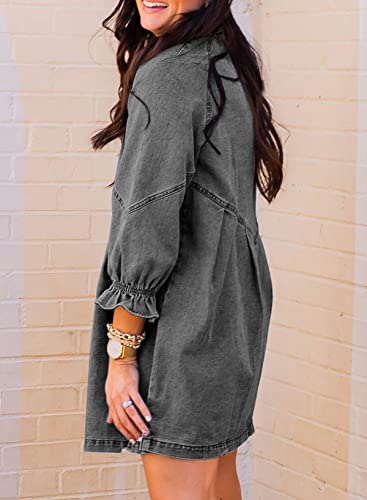 Image of Sidefeel Womens Smocked 3 4 Sleeve Button Down Denim Jeans Dresses