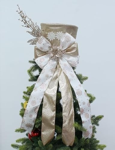 9.84" Gold Glitter Bow Ornament, Festive Tree Topper with Decorative Spruce Branch for Xmas & Snowman Decor