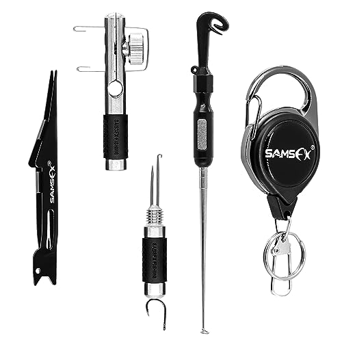 SAMSFX Fishing Stainless Steel Hook Tier, Knot Tying Tool, Loop Tyer, Hook Remover and Zinger Retractors Combo