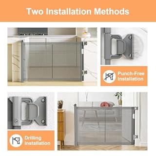 No Drilling Retractable Dog Gate Punch-Free Retractable Baby Gates for Stairs Safety Baby Gates Extends up to 59" Wide Mesh for Doorways, Hallways, Indoor, Outdoor (Grey, 33 * 59inch)