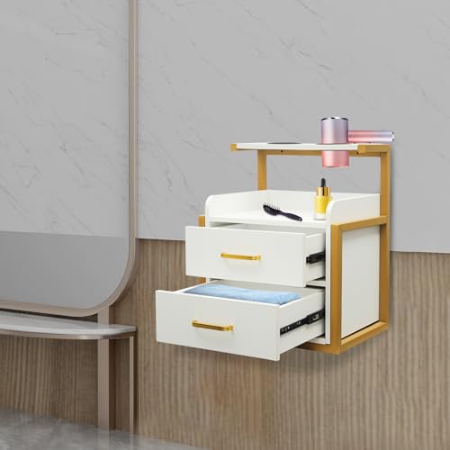 LyeXD Suspended Salon Station for Hair Stylist, Wall Mounted Styling Salon Station Storage Cabinet w/2*Drawers &Hair Dryer Stand,Floating Nightstand Stylist Storage Cabinet for Home (Gold+White)