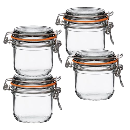 Le Parfait Super Terrine Jar,7oz/Half Pint (Pack of 4) 200ml Clear Jars Airtight Hinged Lids w/ Leak-Proof Rubber Seal,Ideal for Canning, Christmas Candy Jar, Coffee, Flour & Other Baking Supplies