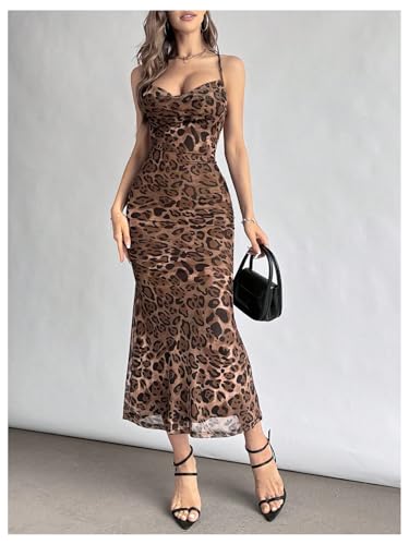 Image of Floerns Women's Leopard Draped Halter Neck Dress Criss Cross Tie Back Party Midi Dress