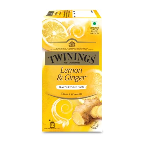 Image of Twinings Lemon & Ginger Tea, Perfect Blend of Zesty Lemon & Ginger Spice, Boosts Immunity, Rich in Anti-oxidants, Caffeine-Free, Made With Finest Ingredients, Enjoy as Hot or Iced Tea I 25 Tea Bags