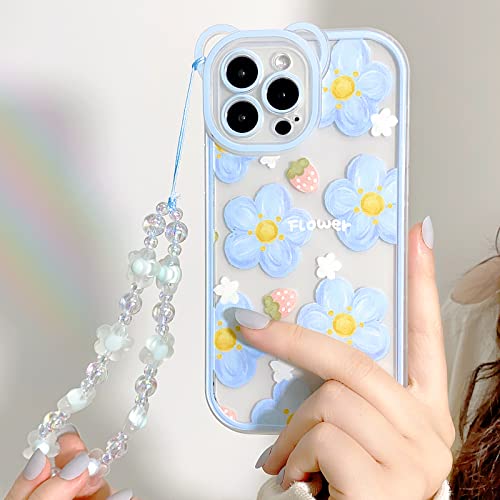 Nititop Compatible For Iphone 12 Pro Case Clear Cute Flower Floral With Chain Beaded Lanyard Wrist Strap For Girls Women Pattern Soft Tpu Shockproof Protective Girly For Iphone 12 Pro-Blue Flower #TOP2