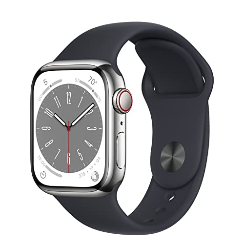 Apple Watch Series 8 (GPS + Cellular, 41MM) - Silber Edelstahlgehäuse mit Mitternacht Sportarmband (Generalüberholt)