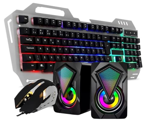 Teclado Gamer Semi Mecanico, Mouse Gamer 6 Bot&otilde;es 2400 Dpi e Caixa de Som 6W RMS LED RGB - Kit...