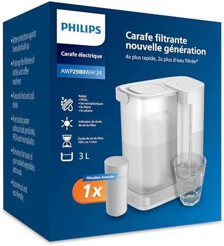 Philips Water Carafe filtrante Instant (3 L) – Eau propre et savoureuse en quelques secondes – 1× filtre Taste+, réduit le chlore et le plomb, préserve les minéraux