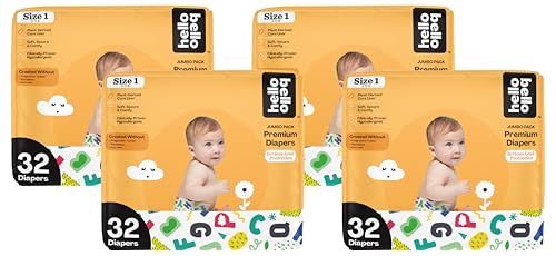 Image of Hello Bello Premium Baby Diapers Size 1 I 32 Count of Disposable, Extra-Absorbent, Hypoallergenic Baby Diapers with Snug and Comfort Fit I Alphabet Soup (Pack of 4)