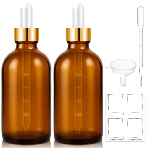 Bumobum Dropper Bottles 4oz, Amber Glass Bottles with Dropper for Essential Oils with Labels and Funnels, 2 Pcs Tincture Bottles with Golden Top (Unbreakable Plastic Eye Dropper with Measurements)