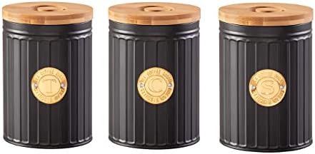 Homiu Tea Coffee and Sugar Storage Container Airtight with Bamboo Lid, Food Storage Jars Set of 3, Black Carbon Steel Kitchen Canister, 11 x 17 cm (Tea, Coffee and Sugar Canisters)