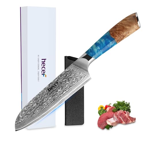 hecef cuchillo japonés profesional 18 cm, acero de damasco 67 capas, mango ergonómico de resina, afilado y duradero, cuchillo santoku damasco con protector de hoja, para chefs y amantes de la cocina