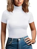 Womens Short Sleeve Turtleneck Tops(White,M)