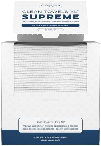 Clean Skin Club Clean Towels XL® Supreme, 100% USDA Biobased Face Towel, Disposable Face Towelette, Eczema Association Accepted, Thicker Textured Dry Wipes, Ultra Absorbent & Soft, 1 Pack, 50 Ct