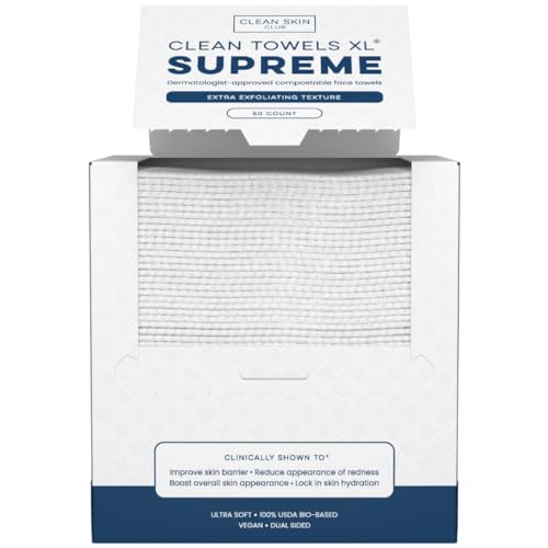 Clean Skin Club Clean Towels XL Supreme, 100% USDA Biobased ręcznik do twarzy, jednorazowy ręcznik do twarzy, akceptowane stowarzyszenie egzemy, grubsze teksturowane chusteczki do demakijażu, 1