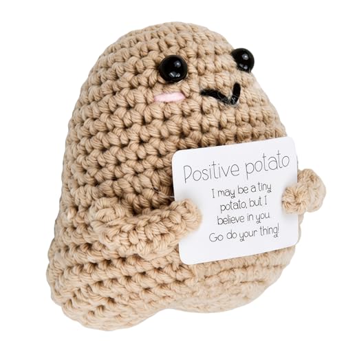 Solvio Funny Positive Potato with Affirmation Card Emotional Support Crochet Potato Doll Handmade Knitting Wool Cute Desk Decor Inspirational Novelty Gifts for Women Men Kids Graduation Birthday
