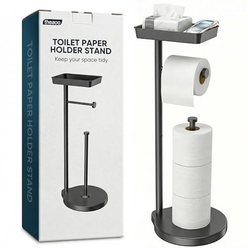 theaoo Toilet Paper Holder Stand with Shelf, Flushable Wipes Dispenser, Free Standing Toilet Tissue Roll Storage Rack Organizer for Bathroom (Black, Free Standing - with Storage)