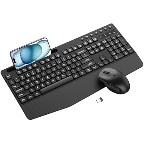 Wireless Keyboard and Mouse, Ergonomic Keyboard with Wrist Rest, Phone Holder, Sleep Mode, Lag-Free, Silent 2.4GHz Full-Size Cordless Computer Keyboard Mouse for Laptop, PC, Window(Black) Cover