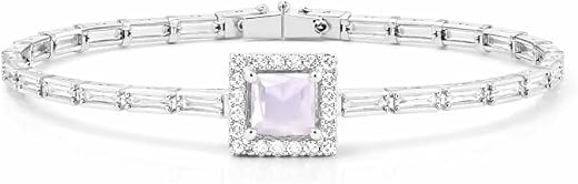Silver Imitation Tennis Bracelet for Women | Square Cut CZ Stone Center with Baguette Crystal Chain | Elegant Adjustable B...