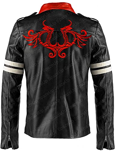 SpazeUp Men's Black Leather Gaming Jacket – Red Collar Video Game Cosplay Outfit for Halloween