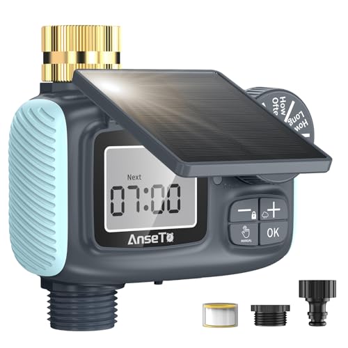 AnseTo Solar Sprinkler Timer, Solar & Type-C Rechargeable Water Timer for Garden Hose, Programmable Faucet System with Rain Delay/Manual/Auto Mode, Digital Irrigation Controller for Lawn/Yard/Pool