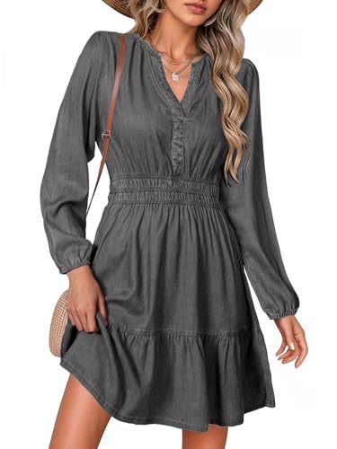Image of Simplee Womens Fall Denim Dress Casual Long Sleeve V Neck Empire Waist Ruffle A Line Flowy Short Jean Dresses with Pockets