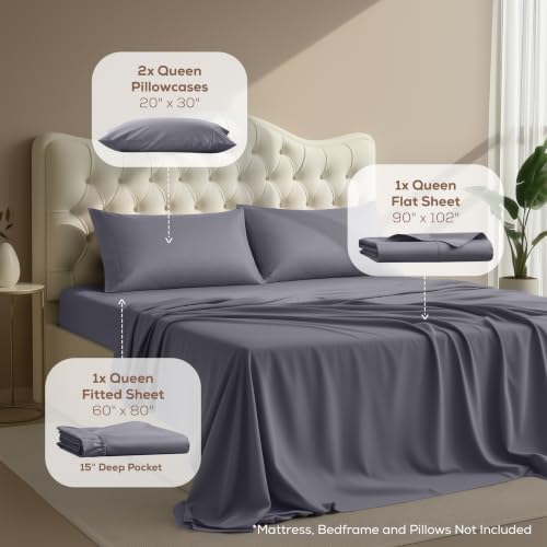 Queen Sheets Set, 4 Pieces 16" Deep Pocket Hotel Luxury Bed Sheets, Grey - 2