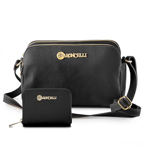 Baroncelli Leather Crossbody Bag Made in Italy and Wallets for women Size Medium (Black) bundle