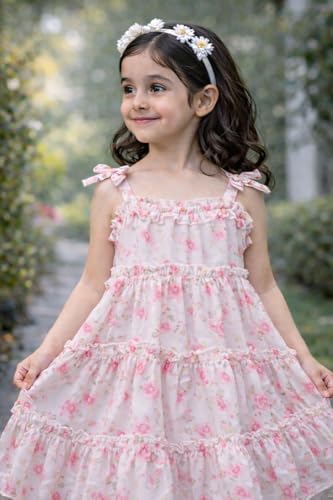 Image of Buy & Try Girls Printed Georgette Frock, Sleeveless Summer Dress, Lightweight Knee Length Baby Girl Dress, Casual Outfit, Soft Comfortable Fabric, Stylish Kids Wear