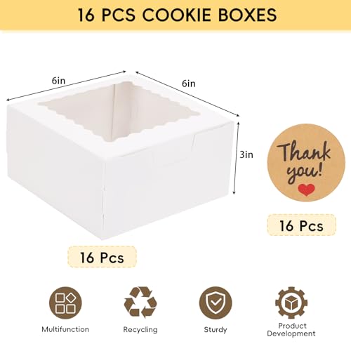 TOMNK 16pcs Cookie Boxes with Window, 6x6x3 Inches Bakery Boxes for Treats, Chocolate Covered Strawberries, Cupcake, Pastry(with Stickers) - Thumbnail 2