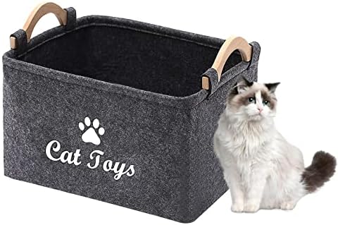Geyecete dog toy basket storage Bins - with Wooden Handle,Collapsible Pet Supplies Storage Basket puppy toy box storage Basket/Bin Kids Toy Chest Storage Trunk (Dark Grey)