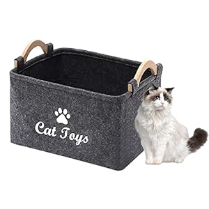 Geyecete CAT Toys Storage Bins – with Wooden Handle,Collapsible Pet Supplies Storage Basket Pet supplies storage Basket/Bin Kids Toy Chest Storage Trunk-CAT (Grey)