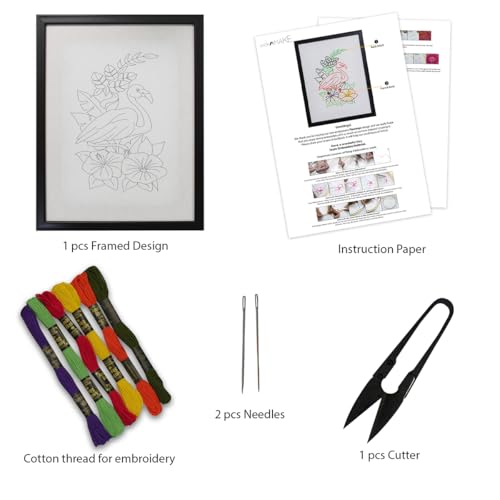 Image of picknMAKE Hand Cross Stitch Embroidery Kits for Beginners Adults with Cloth Fabric, Framed Pattern of Flamingo on White Fabric to do Embroidery with Instruction and All Material Included