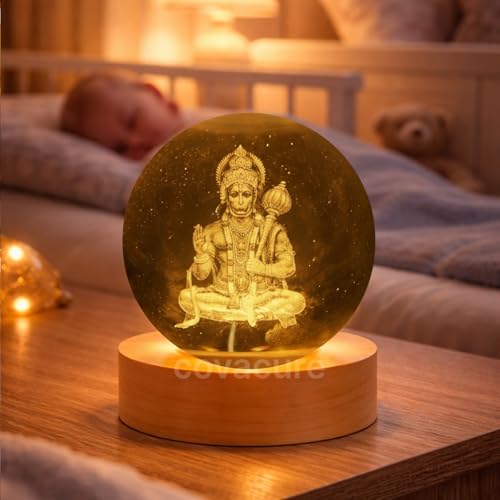 Image of COVACURE 3D Hanuman Crystal Ball Night Lamp, Solar System Hanuman Idol Crystal Ball Night Light, USB Table Colorful LED Wooden Base Lamp for Home, Office, Birthday Gift