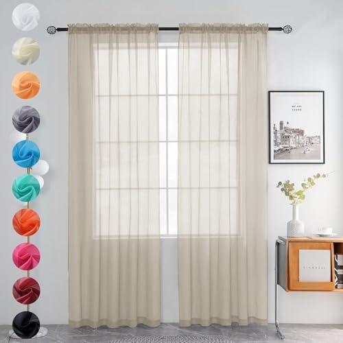 youleyar Solid Sheer Rod Pocket Curtain Voile Draperies 2 Panels White Beige Black Grey Ivory 52 Inch Width 84 Inch Long 1 Pair for Kitchen Bedroom Children Living Room Yard (Ancient Grey,52Wx84L)