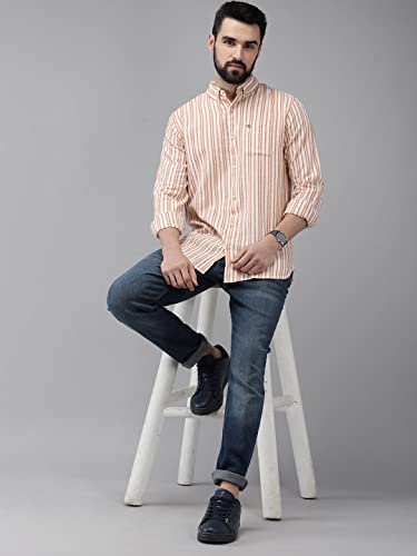 Image of THE BEAR HOUSE Men's Off White & Orange Slim Fit Striped Linen Cotton Casual Shirt | 3XL |TBH-ORB-OR-3XL |